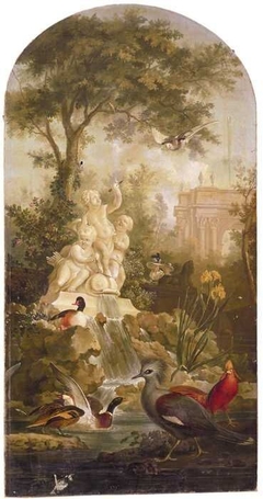Schoorsteenstuk met voorstelling van tuin met fonteinen, sfinx en verschillende vogels, op achtergrond een verliefd paar by Anonymous