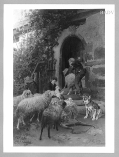 Sheep at a door-way by Heinrich von Zügel