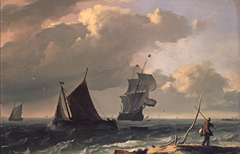 Ships off the coast, in the foreground a man on the shore