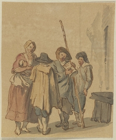 Staand gezelschap, drie mannen en een vrouw met kind op de arm by Unknown Artist