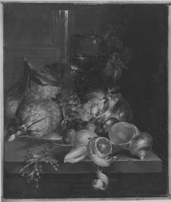 Still life with a 'roemer' and a flute glass on a stone ledge