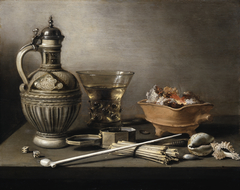 Still Life with a Stoneware Jug, Berkemeyer, and Smoking Utensils by Pieter Claesz