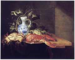 Still life with crab, crayfish, and Delft-blue pitcher