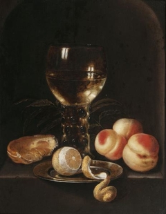 Still life with roemer, peaches and lemon in a niche