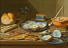 Still Life with smoked herring, oysters and smoker's gear by Floris van Schooten
