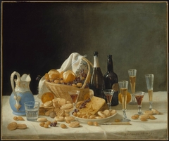 Still Life with Wine Bottles and Basket of Fruit by John F Francis