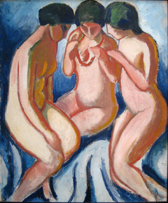 Three Nudes Against Blue Background