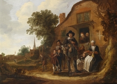 Travelling musician before a cottage