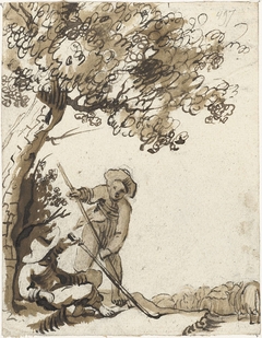 Twee herderjongens met staven in gesprek onder een boom by Harmen ter Borch