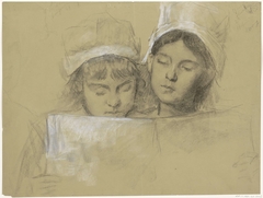 Twee meisjes met witte mutsen, lezend in een boek by Thérèse Schwartze