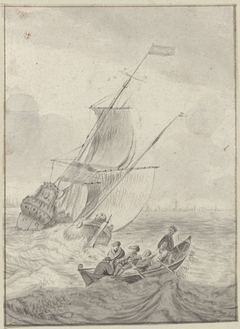Twee zeilschepen en een roeiboot in stormachtig weer by Unknown Artist