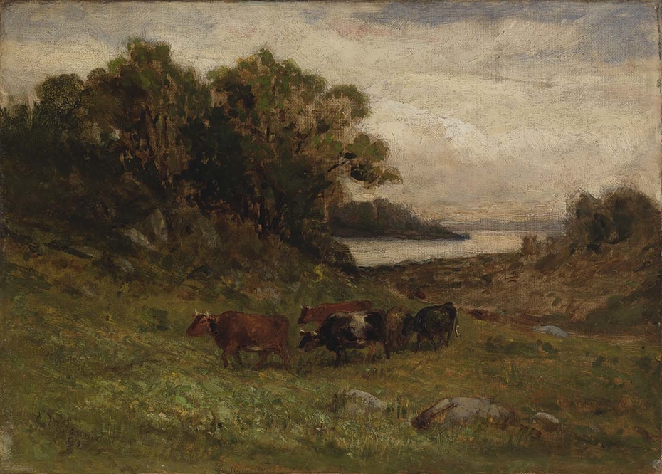 Untitled (five cows grazing with trees and river in background)