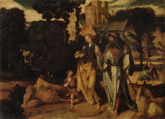 Verstoßung der Hagar (Im Mittelgrund rechts: der umhertollende Ismael; im Hintergrund links: der Engel erscheint Hagar in der Wüste)