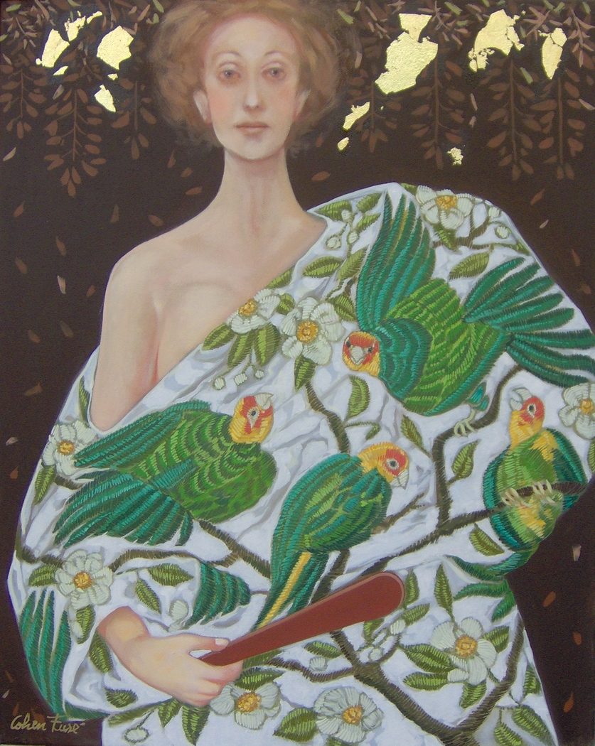 WHITE SHAWL WITH GREEN PARROTS 