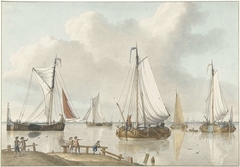 Zeilschepen, aan de kant staan vijf mannen by Jan Arends