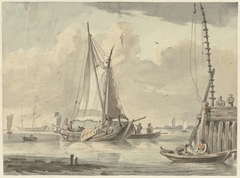 Zeilschepen op de rivier bij Dordrecht by Aert Schouman