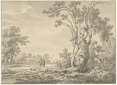 Zuidelijk landschap met kasteel, vee en wandelaars by Johann Heinrich Müntz