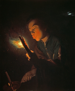 A Boy Blowing on a Firebrand to Light a Candle