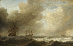 A Dutch ship lying-to in a strong breeze by Willem van de Velde the Younger