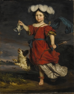 A Portrait of a Child dressed as a Hunter with a Dead Bird and a Dog by Nicolaes Maes