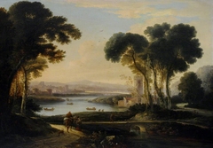 A Romantic River Landscape with Figures with Ships by attributed to Sir George Howland Beaumont