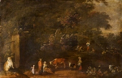 A Wooded Landscape with Herdsmen, Cattle and Goats watched over by a Dog by a Monument by Anonymous