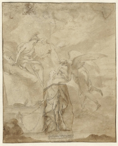 Allegorie op de schilderkunst met Prometheus, Mercurius, Minerva en Pictura bij een schildersezel waarop een schilderij by Unknown Artist