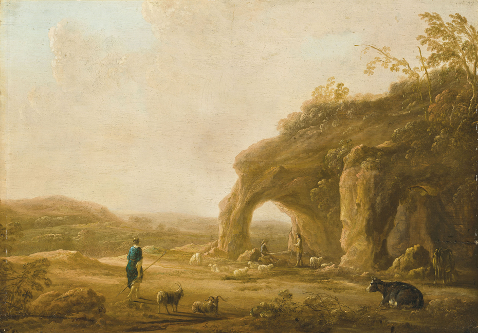 An Italianate landscape with shepherds by a grotto