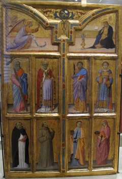 Annunciate Angel, the Apostle Andrew, a Bishop Saint (Savinus?), and Saints Dominic and Francis of Assisi [left]; Virgin Annunciate and Saints Bartholomew, Lawrence, Lucy, and Agatha [right]