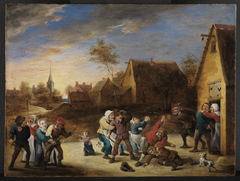 Brawling peasants in front of a tavern by Abraham Teniers