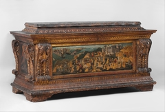 Cassone with painted front panel depicting the Conquest of Trebizond by Apollonio di Giovanni