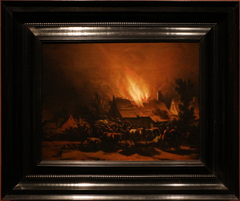 contadini che fuggono da un pagliaio incendiato by Egbert van der Poel