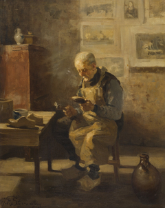 Een oude man schoenen reparerend by Jacobus Frederik Sterre de Jong