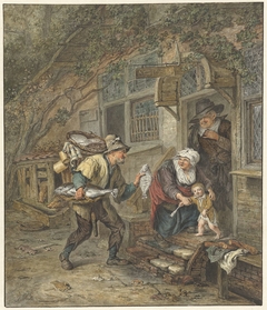 Een visverkoper biedt een schol aan aan een schoolmeester en diens familie by Abraham van Strij I