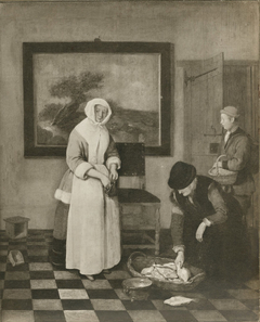 Fish seller and shrimp seller with a housewife in an interior by Quirijn van Brekelenkam