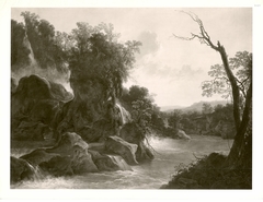 Flusslandschaft mit Felsen und Wasserfall (Schloss Tivoli)