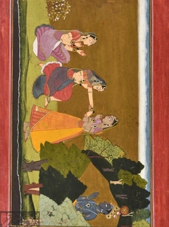 Friends persuading hesitant Radha to enter the bower of love where Krishna awaits her by Manaku