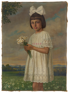 Girl with Bouquet of Daisies set against a Landscape by Emil Engert