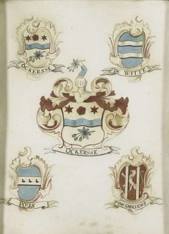 Het wapen van een vrouwelijk lid van de familie Ockersse, gehuwd met van Gelre en moeder van Anna Digna van Gelre, met de wapens van haar vier grootouders by Unknown Artist