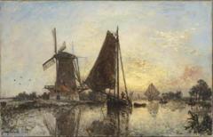 Holland, boats by the mill by Johan Barthold Jongkind