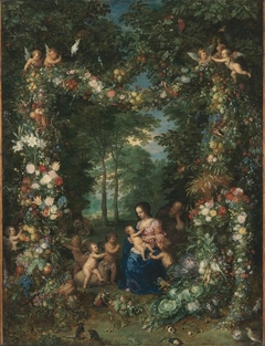 Holy family with a garland of flowers and fruits by Anonymous