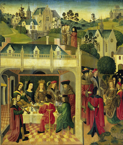 Inner left wing of an altarpiece with the wedding feast of St Elizabeth and Louis of Thuringia in the Wartburg by Master of the St Elizabeth Panels