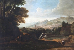Italianate Landscape, with Country Folk, with a Town on the far side of a Waterfall by Anonymous