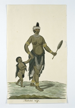 Khoivrouw met een kind en de staart van een jakhals, naar rechts by Robert Jacob Gordon