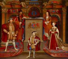 King Henry VII (1457–1509), Queen Elizabeth (of York) (1466–1503), King Henry VIII (1491-1547), Queen Jane Seymour (1509 –1537) and King Edward VI (1537–1553) as Prince of Wales (adapted from Hans Hol by Remigius van Leemput