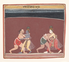 Krishna and Balarama Fight the Evil King Kamsa’s Wrestlers: Page from a Dispersed Bhagavata Purana by anonymous painter