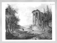 Landscape a river with the ruin of a temple by Hubert Robert