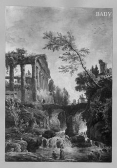 Landscape with a bridge and ruins of a temple by Hubert Robert