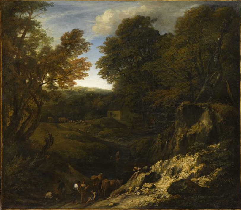 Landscape with shepherds and herds at the edge of a pond and near an illuminated Talus