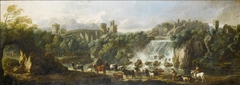 Landscape with Tivoli waterfall and rocky crag in the shape of a rabbit with cows